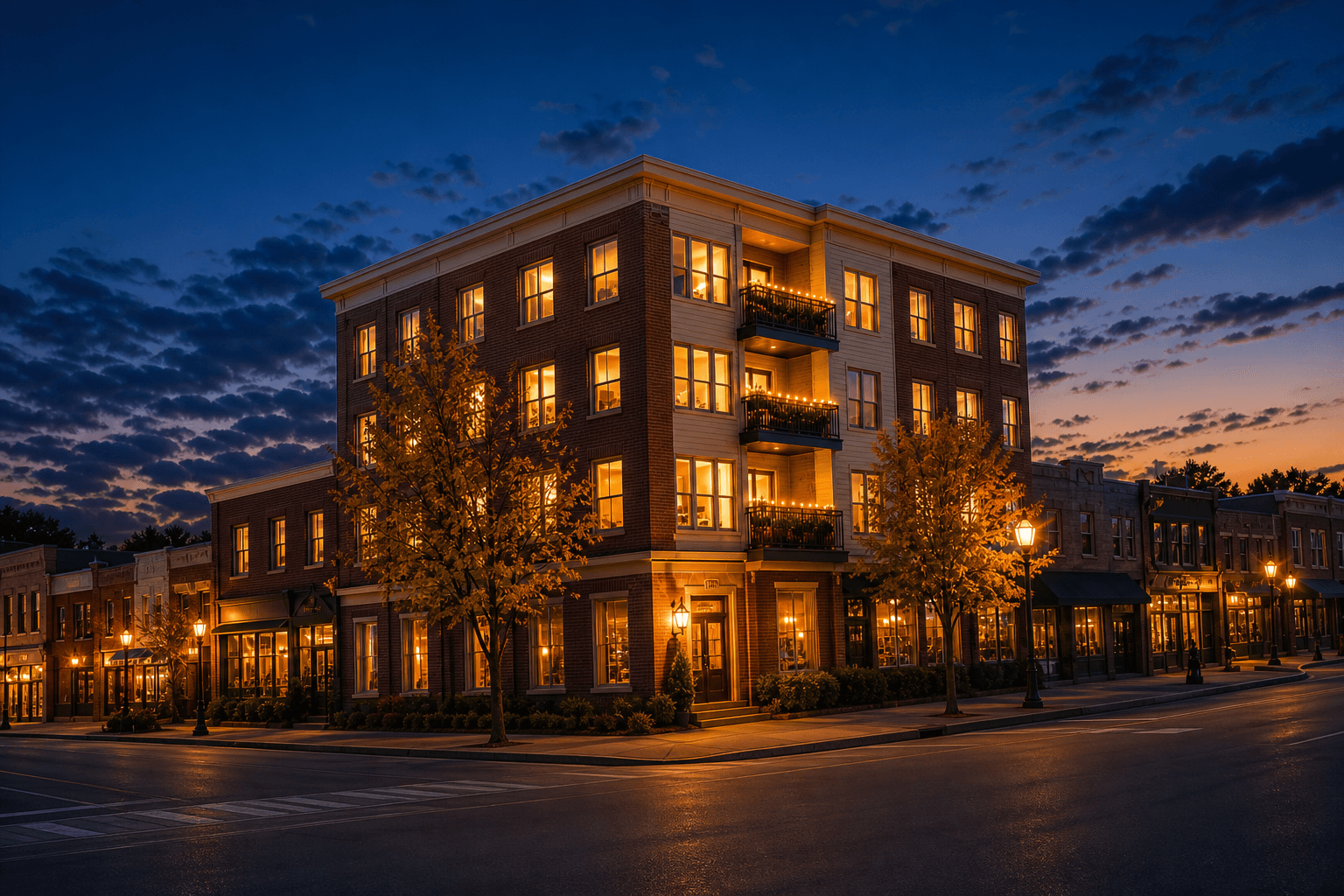 Corner apartment building on a small-town street at dusk, windows glowing warm