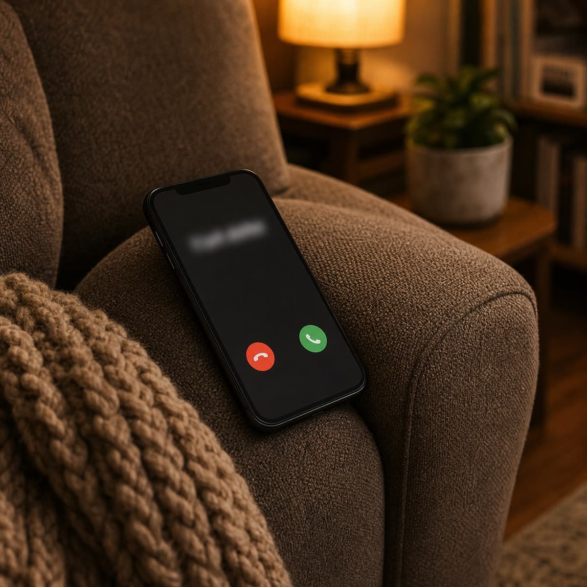 Celular mostrando una llamada con un asesor sobre un sillón