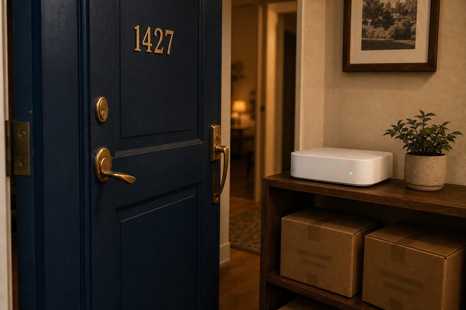 Entrada de un apartamento con una puerta, cajas de mudanza y un pequeño router blanco