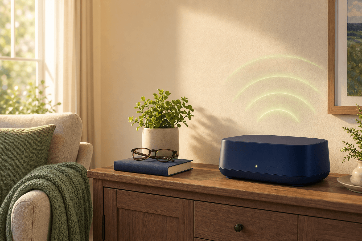 Un router azul marino brilla suavemente sobre una consola de madera en una sala cálida al atardecer