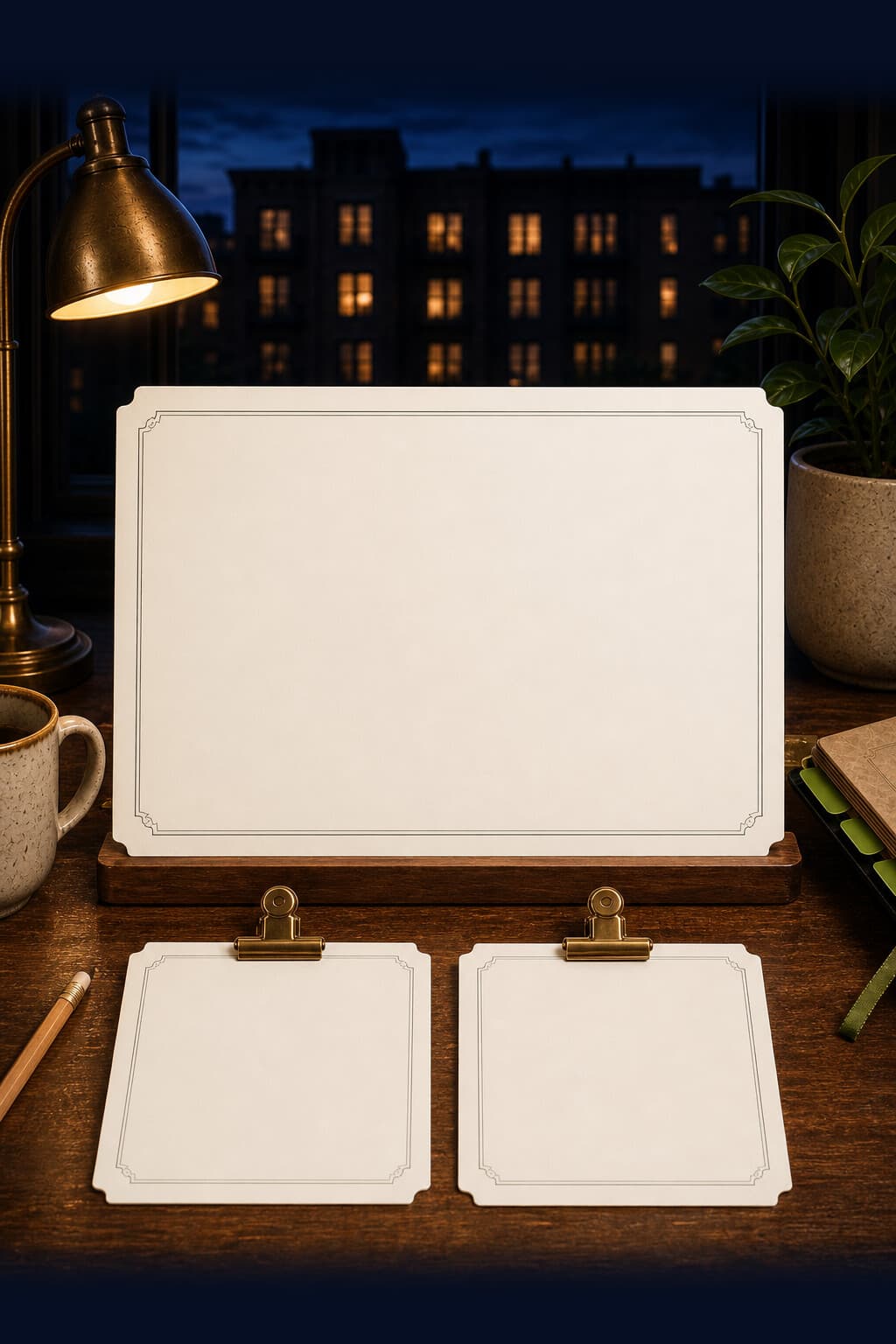 Barra de cocina al atardecer con un bloc de pedidos color crema y dos tarjetas sujetas